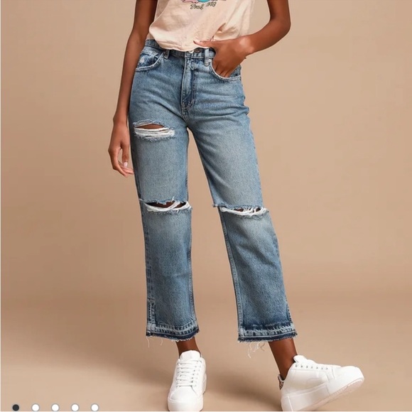 Free People Denim - Free People LITA Light Wash Distressed High-Waisted Straight Leg Jeans size 26